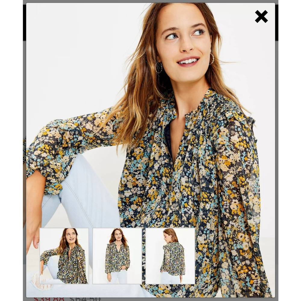 Loft Women’s Large Floral Smocked Shoulder Blouse Top